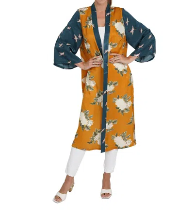 Love Token Chance Floral Open Kimono In Teal / Gold In Multi