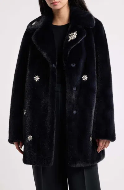 Love Token Elsa Faux Fur Coat With Jeweled Embellishments In Blue