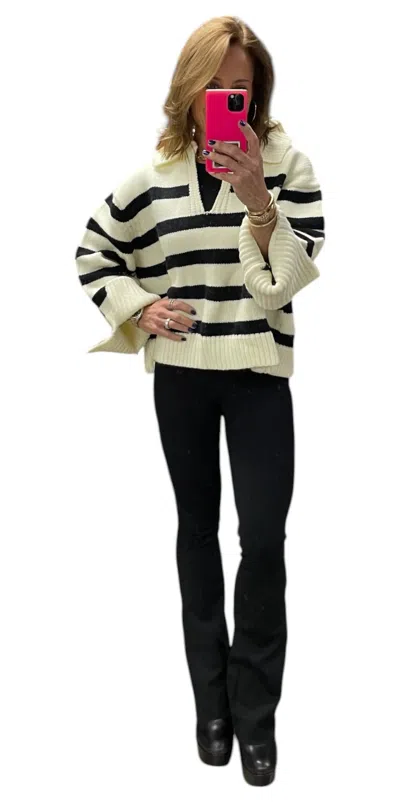 Love Token Frankie Turn Down Collar Striped Knit Sweater In Black/white In Multi