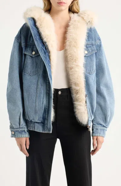 Love Token Ginna Faux Fur Lined Denim Jacket In Blue