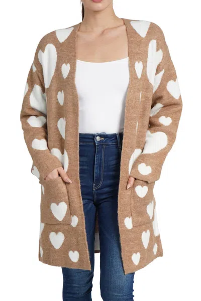 Love Token Hearts Long Sleeve Cardigan In Beige In Brown