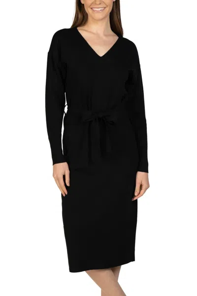 Love Token Knit Midi Sweater Dress With Tie Sash In Black