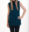 Love Token Long Fur Vest With Hood In Teal In Blue