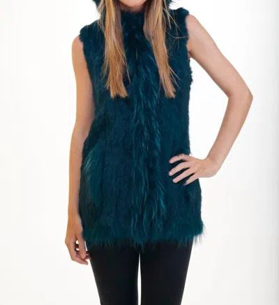 Love Token Long Fur Vest With Hood In Teal In Blue