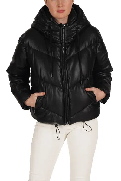 Love Token Long Lseeve Hooded Puffer Jacket In Black