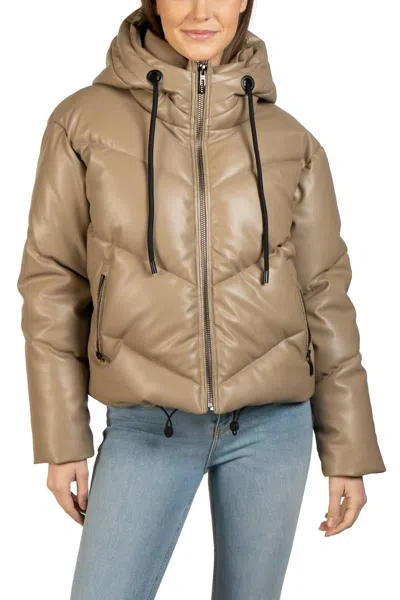 Love Token Long Sleeve Hooded Puffer Jacket In Taupe In Green