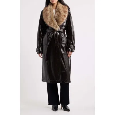 Love Token Nancy Faux Fur Collar Faux Leather Coat In Black