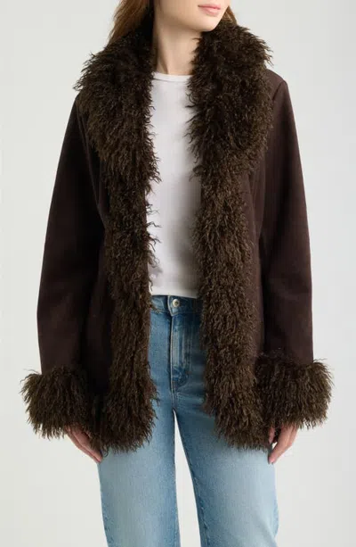 Love Token Natalia Faux Suede Coat With Faux Fur Trim In Brown