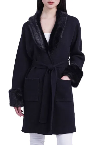 Love Token Shannon Cardigan With Faux Fur Collar In Black In Brown