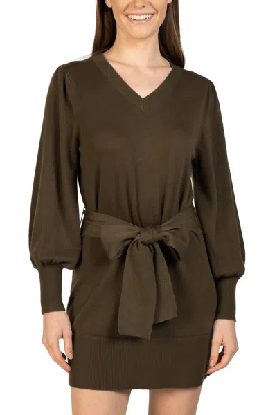 Love Token Short Knit Mini Sweater Dress With Tie In Olive In Brown