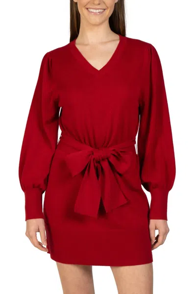 Love Token Short Knit Mini Sweater Dress With Tie In Red In Multi