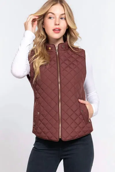 Love Tree High Neck Quilted Zip Up Puffer Vest Jacket In Wine In Red