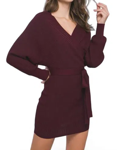 Love Tree Off Shoulder Belted Sweater Dress In Wine In Red