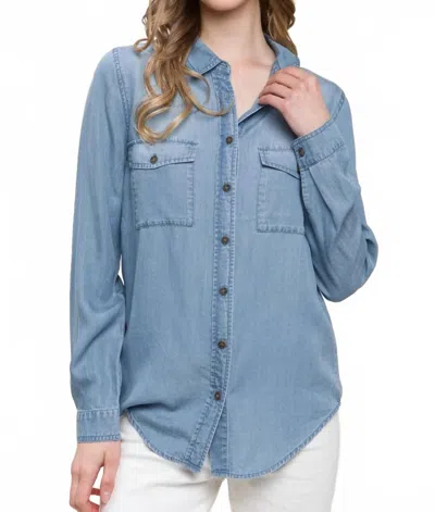 Love Tree Scooped Hem Button Up Denim Shirt In Blue