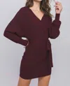 Love Tree Wrap Belted Ribbed Knit Sweater Mini Dress In Wine In Pink