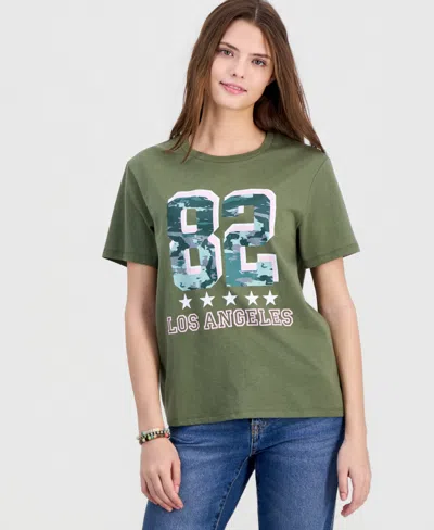 Love Tribe Junior's La Number Camo Crewneck Tee In Green