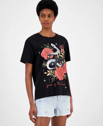 Love Tribe Juniors' Celestial Rose Year Of The Snake Graphic T-shirt In Black