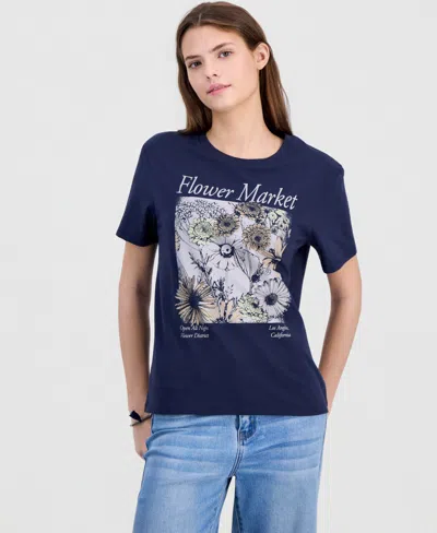 Love Tribe Juniors' Flower Market Crewneck Tee In Blue