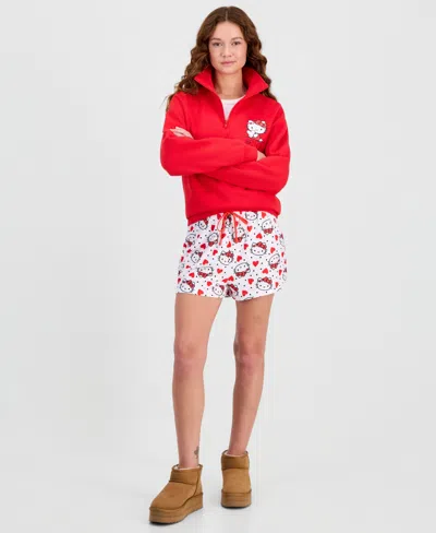 Love Tribe Juniors' Hello Kitty Valentine's Day Brushed Jersey Lounge Shorts In White