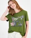 Love Tribe Juniors' Mtv Floral Cotton Crewneck Tee In Olive