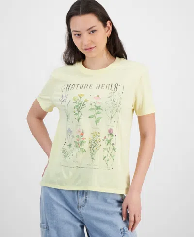 Love Tribe Juniors' Nature Heals Flower T-shirt In Light Yellow
