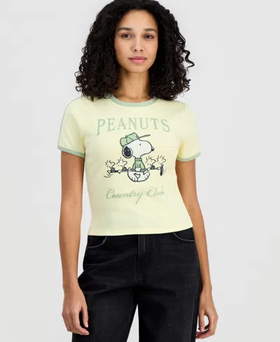 Love Tribe Juniors' Peanuts Country Club Crewneck Ringer T-shirt In Yellow