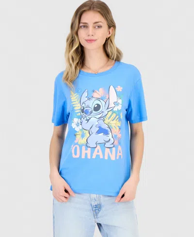 Love Tribe Juniors' Stitch Ohana Graphic Crewneck T-shirt In Blue