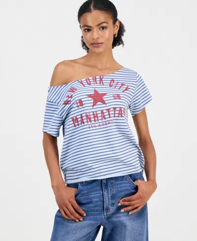 Love Tribe Juniors' Wide-neck New York City T-shirt In Blue