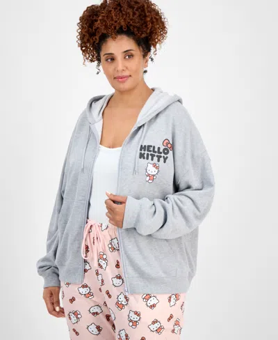 Love Tribe Trendy Plus Size Hello Kitty Bow Graphic Zip-up Hoodie In Gray