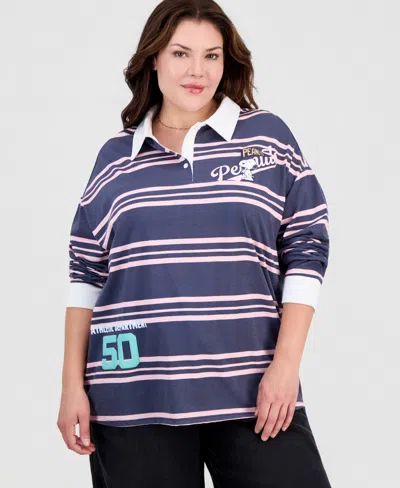 Love Tribe Trendy Plus Size Snoopy Striped Rugby Shirt In Blue