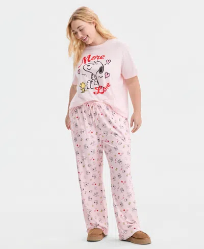 Love Tribe Trendy Plus Size Snoopy Valentine Printed Drawstring Pants In Pink