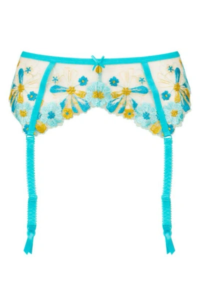 Love, Vera Floral Embroidered Garter Belt In Blue Curacao