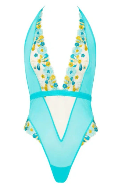 Love, Vera Plunge Floral Embroidered Bodysuit In Blue Curacao