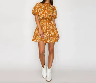 Love Wednesday Carmen Bandana Print Cotton Mini Dress In Caramel In Brown