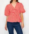 Love Wednesday Coral Cotton Embroidery Top In Red In Multi