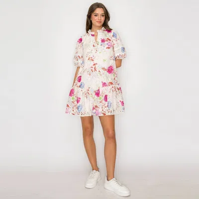 Love Wednesday Pink Flower Print Eyelet Mini Dress In Multicolor