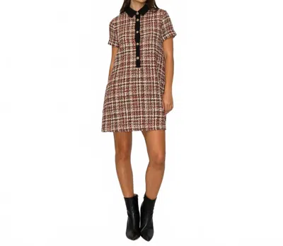 Love Wednesday Tweed Love Mini Dress With Contrast Collar In Burgundy In Brown