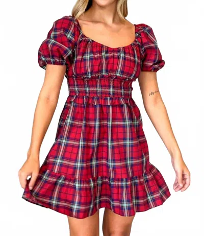 Love You Bunches Phoebe Check Short Puff Sleeve Mini Dress In Red Multi