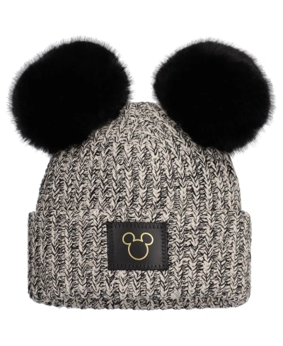 Love Your Melon Women's  Mickey Mouse Black Outline Speckled Cuffed Knit Hat With Double Pom In Gray