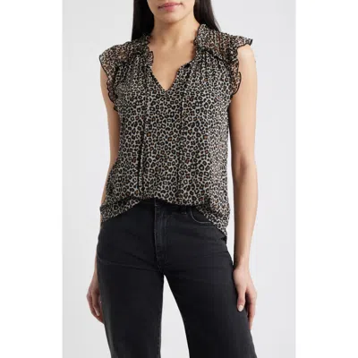 Loveappella Animal Print Ruffle Trim Split Neck Top In Multi