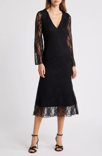 LOVEAPPELLA LOVEAPPELLA BELL LACE OVERLAY LONG SLEEVE MIDI DRESS 