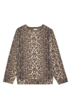 Loveappella Brushed Animal Print Long Sleeve Crewneck Top In Brown