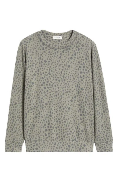 Loveappella Brushed Animal Print Long Sleeve Crewneck Top In Green