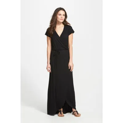 Loveappella Cap Sleeve Faux Wrap Jersey Maxi Dress In Black
