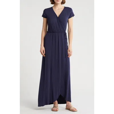 Loveappella Cap Sleeve Faux Wrap Jersey Maxi Dress In Blue