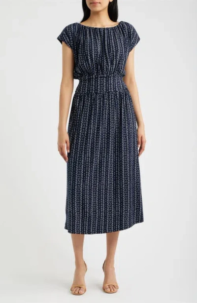 Loveappella Cap Sleeve Smocked Waist Midi Dress In Blue