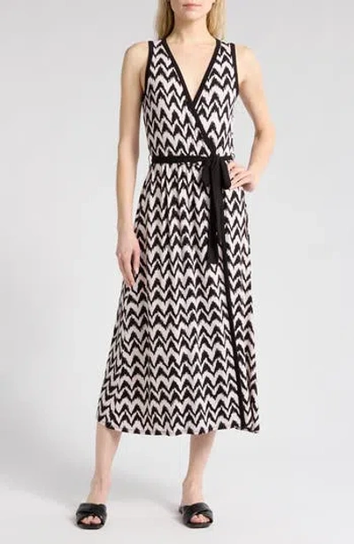 Loveappella Chevron Faux Wrap Midi Dress In Taupe/black
