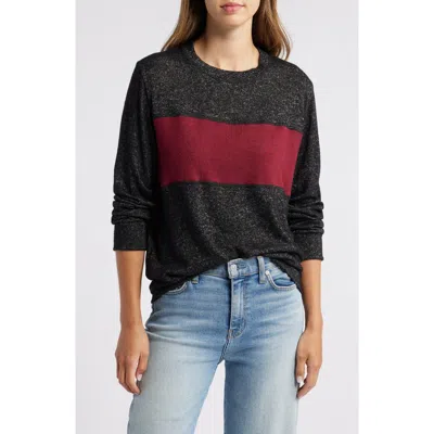Loveappella Colorblock Long Sleeve Brushed Jersey Top In Black/burgundy
