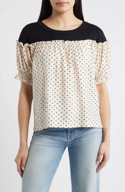 Loveappella Contrast Yoke Puff Sleeve Top In Neutral