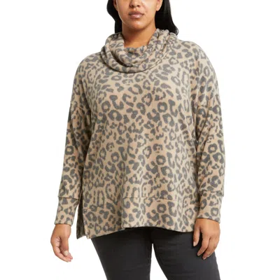 Loveappella Cowl Knit Top In Camel/charcoal
